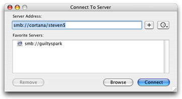 screenshot of the Finder's Connect to Server dialog box, described in the text