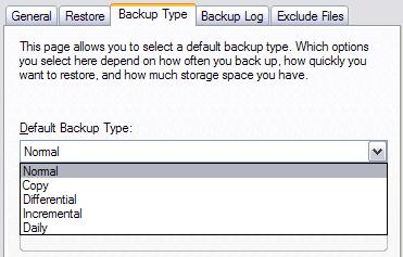 Windows XP's Backup program, Backup Type options